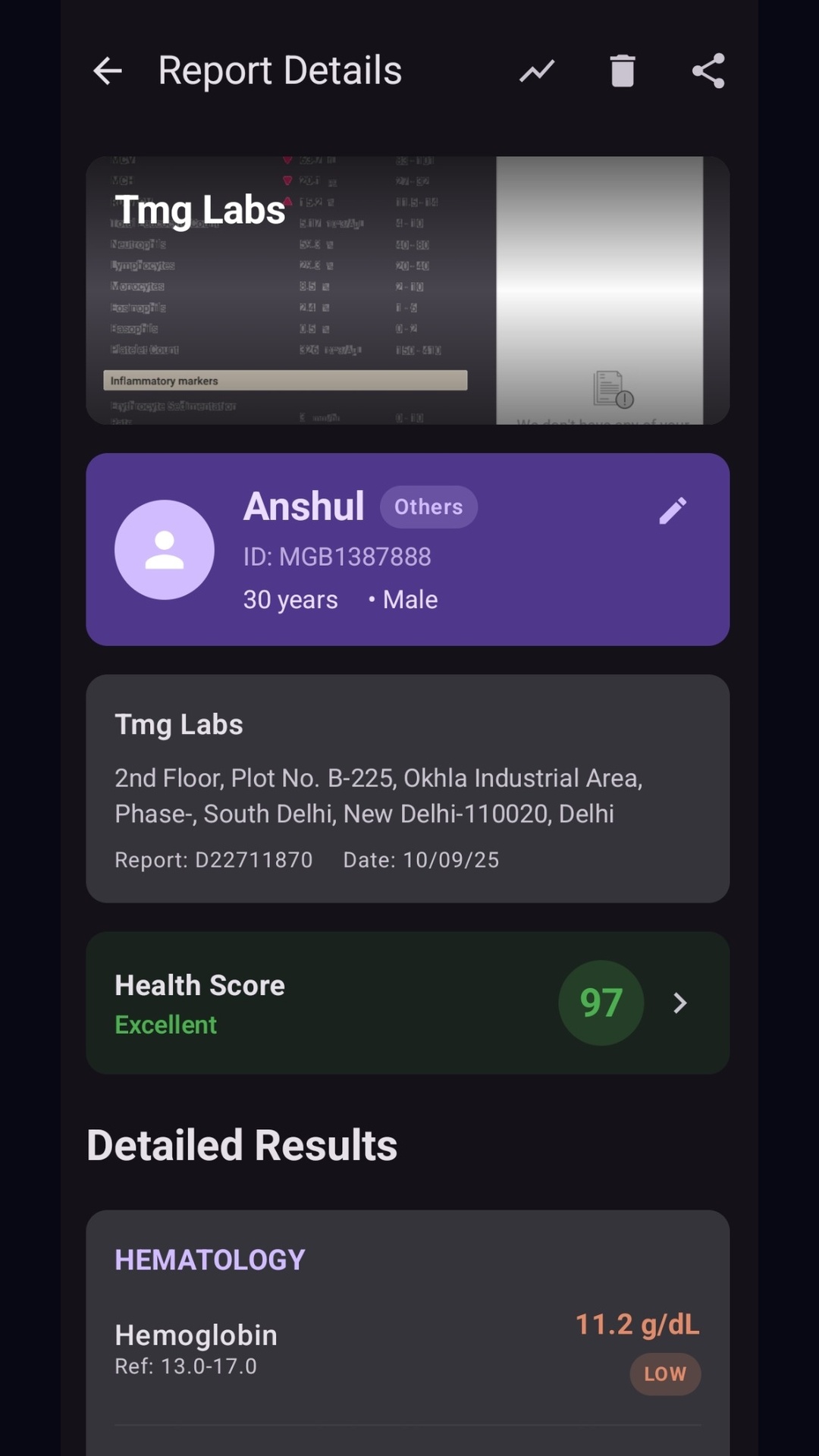 Zestful report details with health score
