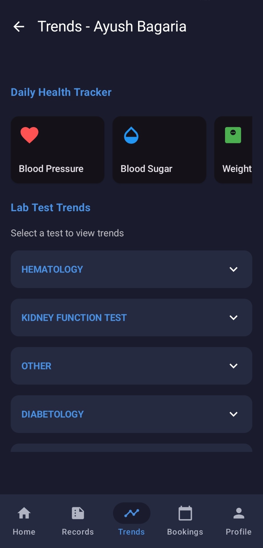 Zestful trends screen with vitals and lab tests